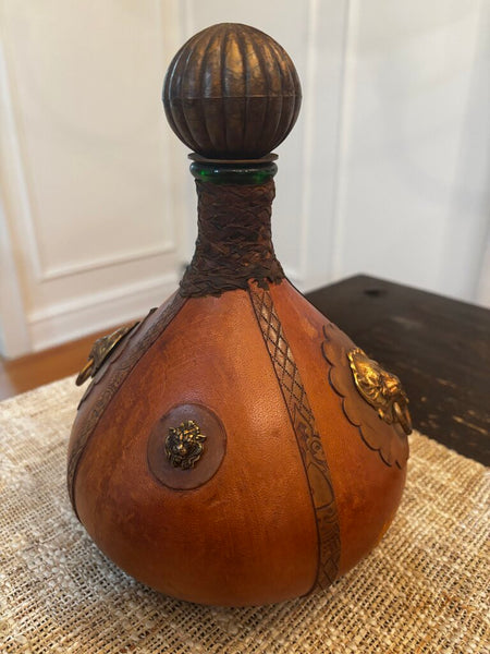 Vintage MCM 1960's Italian Leather Wrapped Lion's Head Decal Green Glass Decanter