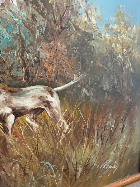 Vintage Hunting Pointer Dog Oil on Canvas Artwork (Signed) 37"w x 25"h