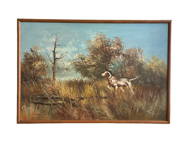 Vintage Hunting Pointer Dog Oil on Canvas Artwork (Signed) 37"w x 25"h