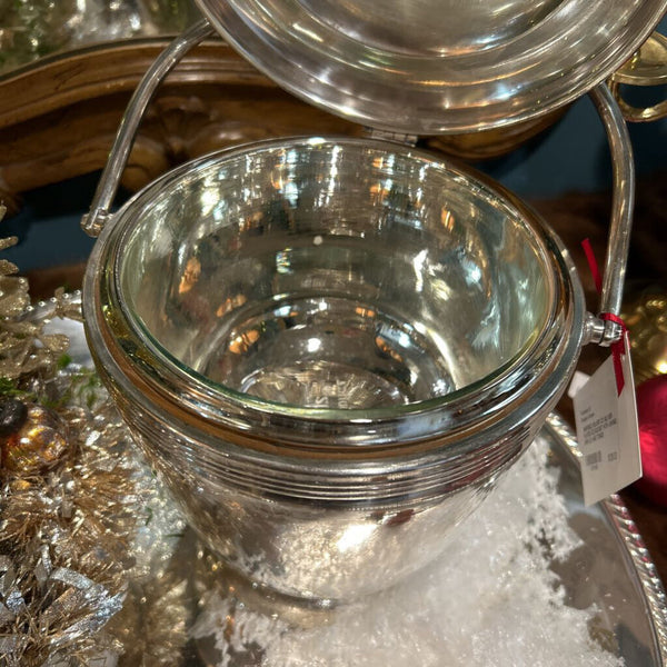 SHEFFIELD SILVER CO SILVER PLATED ICE BUCKET WITH SWING ARM LID AND TONGS