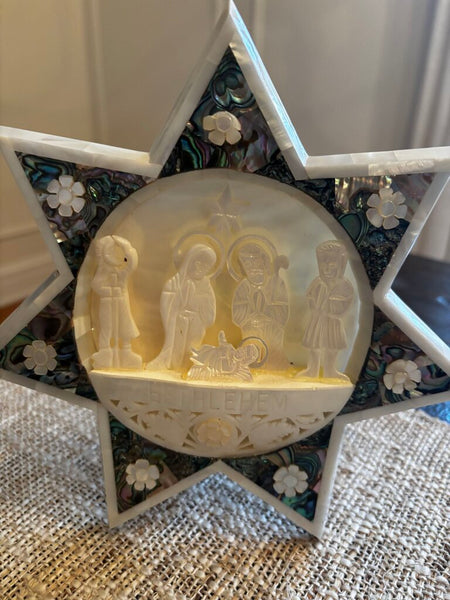 Carved Mother of Pearl Nativity on Stand (as found)