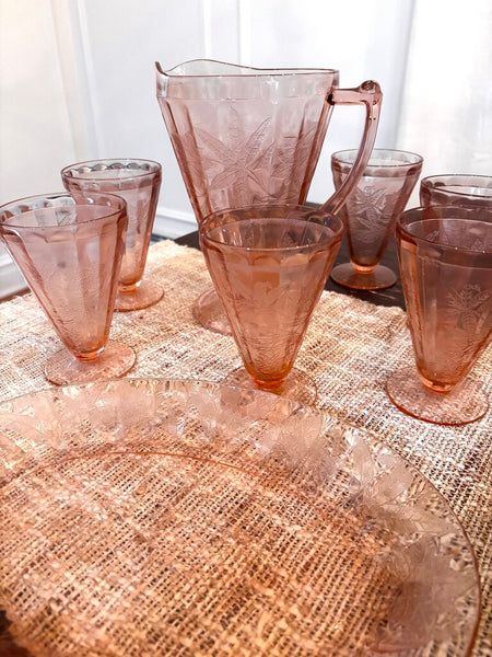 Jeanette Poinsettia Depression Glass Pitcher and 7 Footed Tumblers with Serving Tray