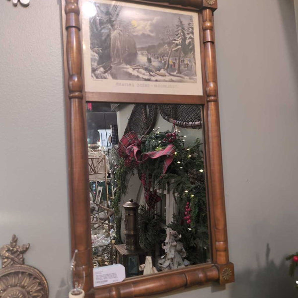 Nice Wooden Federalist Mirror with Turned Spindles and Brass Rosettes. Lovely Currier & Ives Print above Mirror. Overall Size is 29x15. IN STORE PICKUP r.