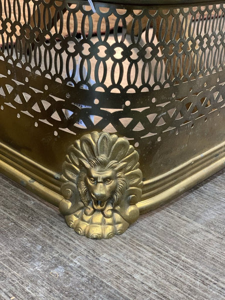 LARGE VINTAGE 42 x 12 in. BRASS FIREPLACE FENDER GUARD SURROUND LION HEAD FEET IN STORE PICK UP ONLY