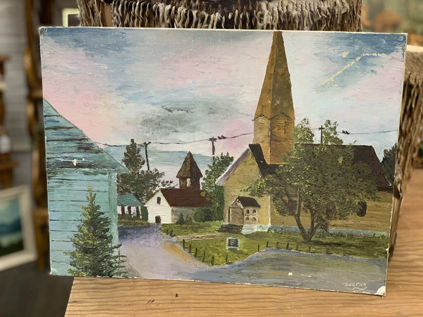 Vintage church painting on board 12 x 16 in