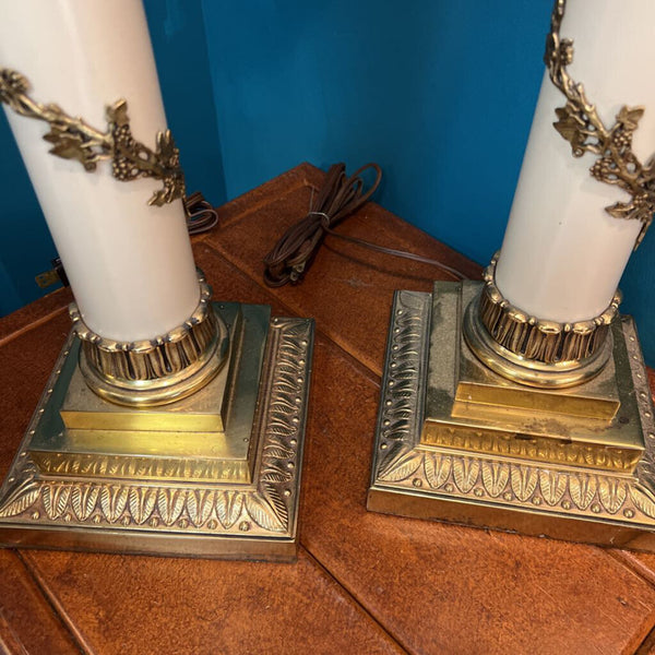 Pair of column lamps with brass