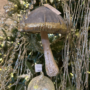 Velvet mushroom ornament gray with gold glitter