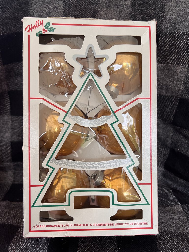 Vintage Holly gold glass ornaments in box, set of 6 as found
