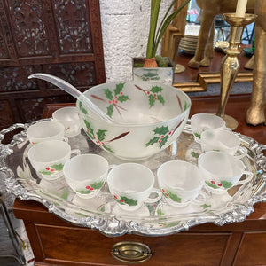 Holiday Punch Bowl and 9 cups and ladel