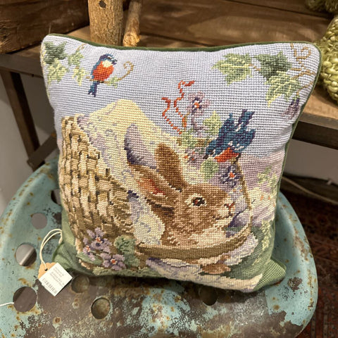 Bunny Bluebird Needlepoint Pillow