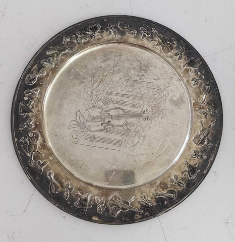 Vintage Round Silver Plate Embossed w/Musical Instruments