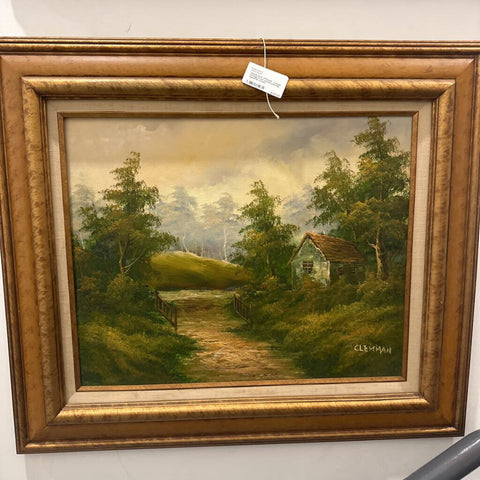Vintage cottage in the woods painting signed & framed