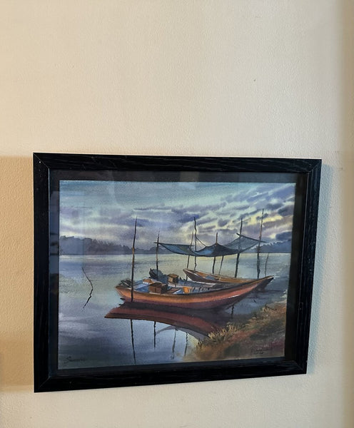 Artist Signed boat seascape painting appx. 15x12 in.