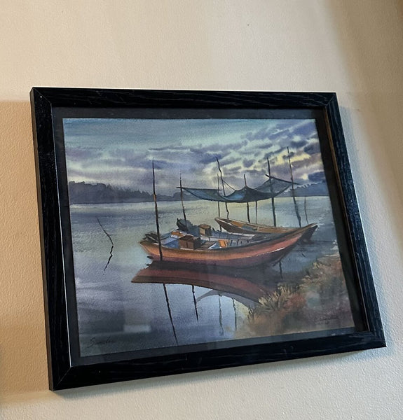 Artist Signed boat seascape painting appx. 15x12 in.