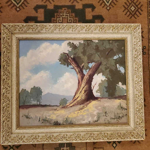 Vintage oil painting trees landscape in white frame