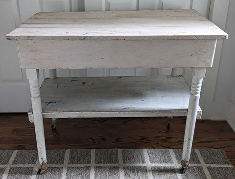 Vintage White Farm Table w/casters 36x24x30 STORE PICK UP ONLY