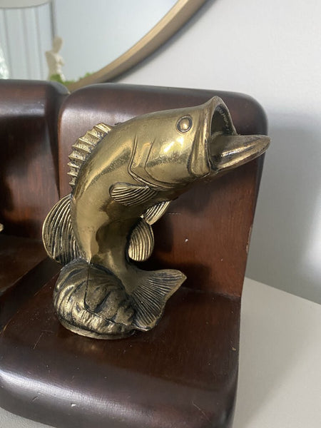 Wood Bookends w/ Brass Fish (Pair)