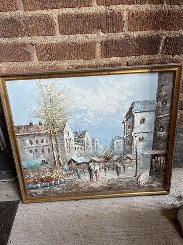 VINTAGE FRENCH STREET SCENE FRAMED & SIGNED MADE IN FRANCE 26 in wide x 22 1/2 in high