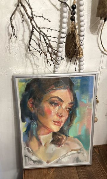 Modern pastel artist signed framed portrait 12x16 in