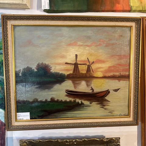 Vintage signed windmill sunset oil painting