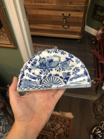 Vintage Blue and White Chinoiserie Fan Shaped Vase