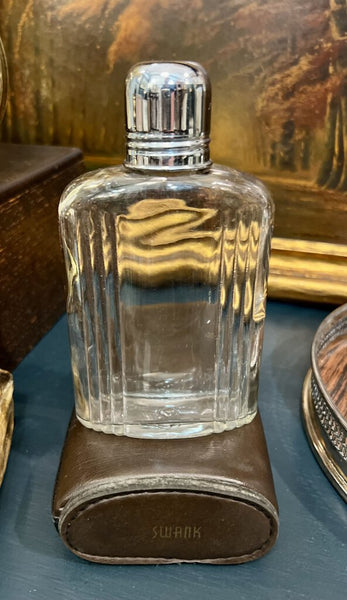Vintage leather Swank flask holder w/ glass flask