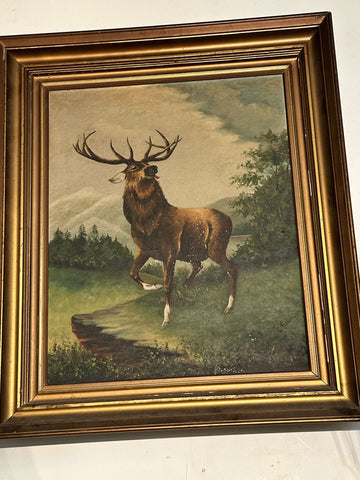 Antique Oil on canvas elk painting with tongue sticking out, as found 26x22