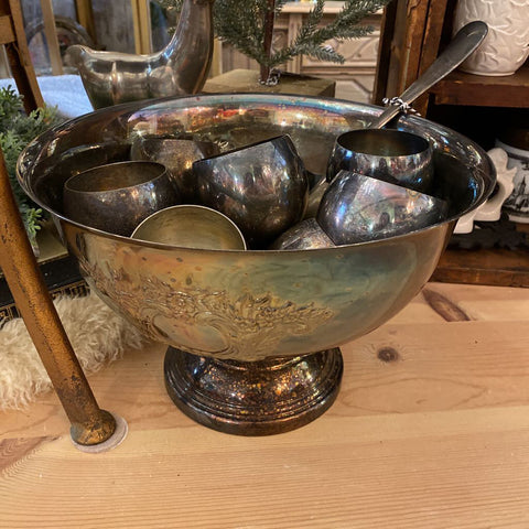 Silverplate Punch Bowl, Ladle, and 10 cups Set
