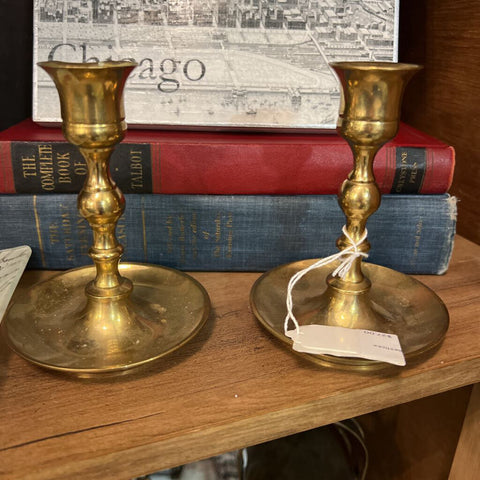 Pair of short brass candlesticks