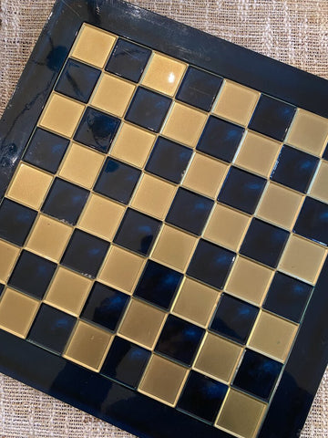 Vintage Enameled Blue and Gold Chess Board