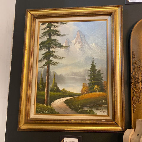Signed Mountain Lake Painting 17 x 21