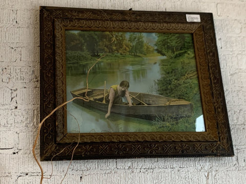 Antique Lady in Boat Framed Print- Copyright 1904- "Idle Hour" - Pick up in Store (Couple Water Stains at Bottom) 23" w x 27" l