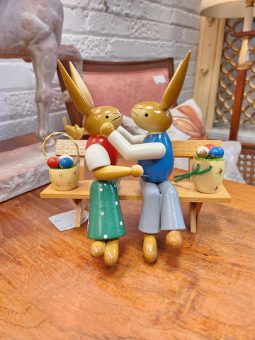 Vintage German 6.5 x 7 wood bunny couple on bench