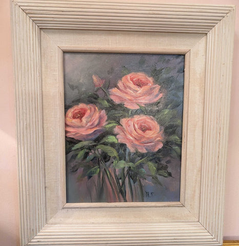 Oil painting Pink roses, framed, 13" x 1"