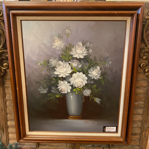 Wood Framed White Roses Signed Oil Painting 26x31