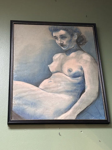 Framed Vintage MCM Pastel Nude Woman in Blue Signed (25x20, as found, IN STORE PICKUP ONLY)