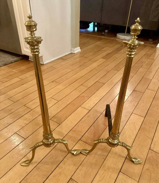 PAIR OF VINTAGE BRASS ANDIRONS 23 1/2"H x 12"W x 13"D. IN STORE PICKUP ONLY