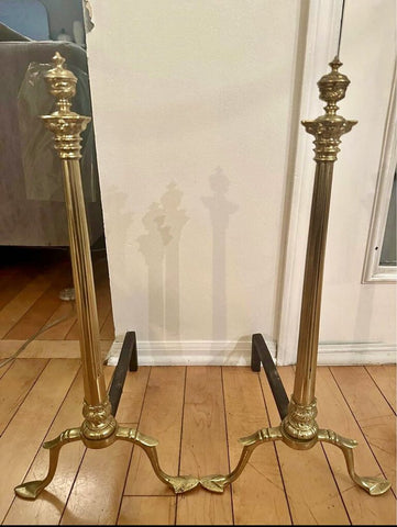 PAIR OF VINTAGE BRASS ANDIRONS 23 1/2"H x 12"W x 13"D. IN STORE PICKUP ONLY