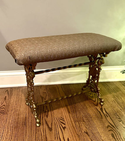 CAST IRON BENCH W/ UPHOLSTERED SEAT. 18"W X 24"W X 12"D. IN STORE PICKUP ONLY