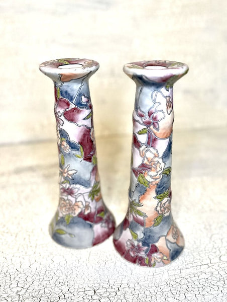 PAIR VINTAGE 1980's PORCELAIN HAND PAINTED CANDLEHOLDERS