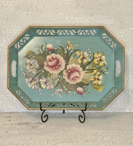 VINTAGE TOLE TRAY HAND PAINTED AQUA FLORAL 18 1/2" X 13 1/2"