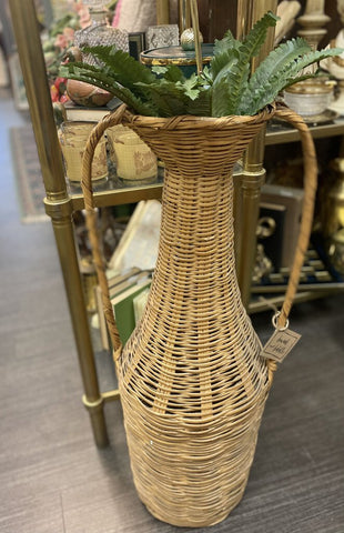 Large Vintage Handled Wicker Vase 35H