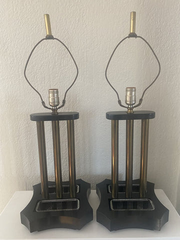Pair of MCM Brass Lamps w/Glass Inserts