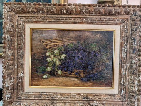 Floral oil, framed flowers in basket, 20" x 16"