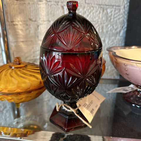 Vintage Red Glass Candy Dish. Soy wax. Sea Salt + Orchid