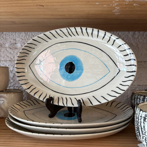 Hand Painted Stoneware Platter w/ Evil Eye