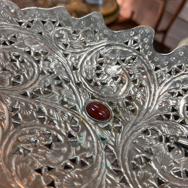 Vintage Pierced Silver Plate Tray w Gemstone