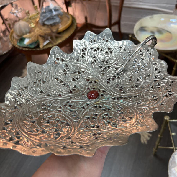 Vintage Pierced Silver Plate Tray w Gemstone