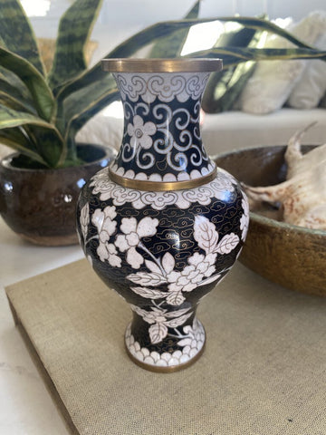 Vintage Black and White Cloisonne Vase