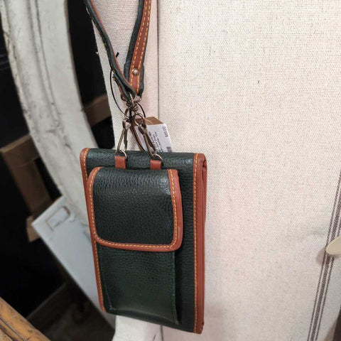 Vintage Dooney and Burke Mini Messenger Bag - Dark Green Leather w/Brown Leather Trim. 8x5